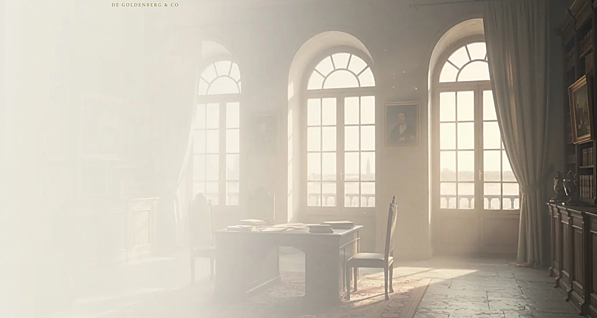 A sunlit Venetian hall with tall arched windows
